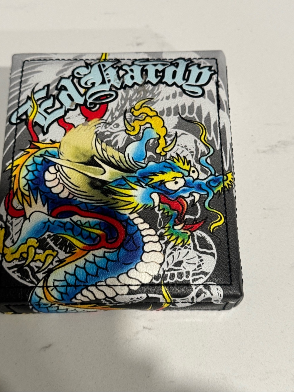 Ed Hardy Black Leather Wallet with Multicolor Dragon Art